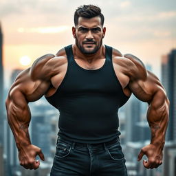 A powerful and muscular man standing confidently, showcasing impressive biceps and a well-defined physique