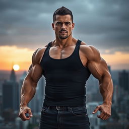 A powerful and muscular man standing confidently, showcasing impressive biceps and a well-defined physique