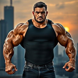 A powerful and muscular man standing confidently, showcasing impressive biceps and a well-defined physique