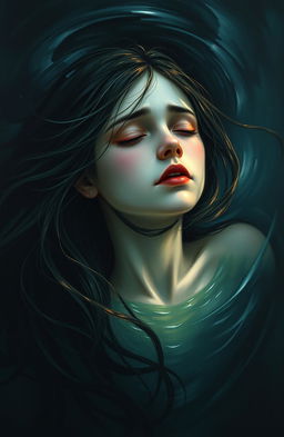 A melancholic scene painted in the style of an old master, depicting a girl submerged in water, her expression filled with sorrow and betrayal