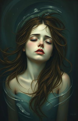A melancholic scene painted in the style of an old master, depicting a girl submerged in water, her expression filled with sorrow and betrayal