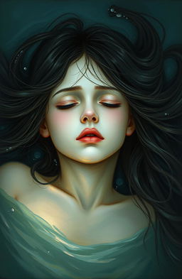A melancholic scene painted in the style of an old master, depicting a girl submerged in water, her expression filled with sorrow and betrayal