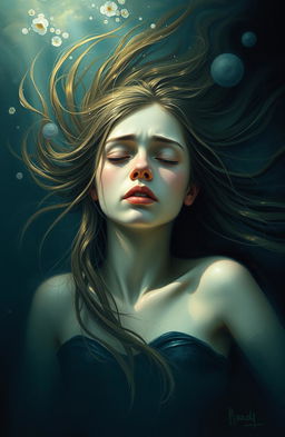 A melancholic scene painted in the style of an old master, depicting a girl submerged in water, her expression filled with sorrow and betrayal
