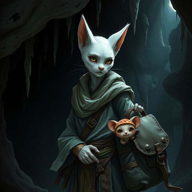 A snow white female tabaxi monk in a dimly lit dungeon cave, showcasing her feline features such as pointed ears and whiskers