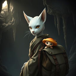 A snow white female tabaxi monk in a dimly lit dungeon cave, showcasing her feline features such as pointed ears and whiskers