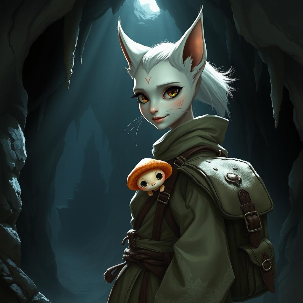 A snow white female tabaxi monk in a dimly lit dungeon cave, showcasing her feline features such as pointed ears and whiskers