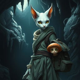 A snow white female tabaxi monk in a dimly lit dungeon cave, showcasing her feline features such as pointed ears and whiskers