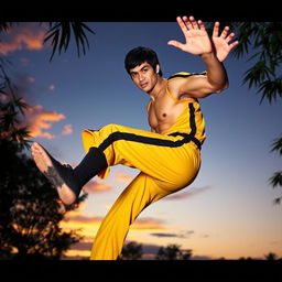 A powerful and charismatic martial artist in a dynamic fighting pose, embodying the spirit of Bruce Lee