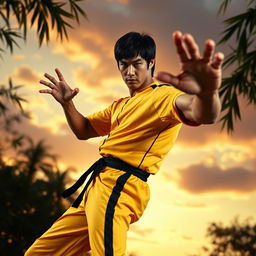 A powerful and charismatic martial artist in a dynamic fighting pose, embodying the spirit of Bruce Lee