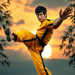 A powerful and charismatic martial artist in a dynamic fighting pose, embodying the spirit of Bruce Lee