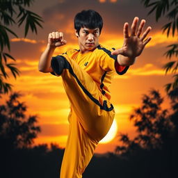 A powerful and charismatic martial artist in a dynamic fighting pose, embodying the spirit of Bruce Lee