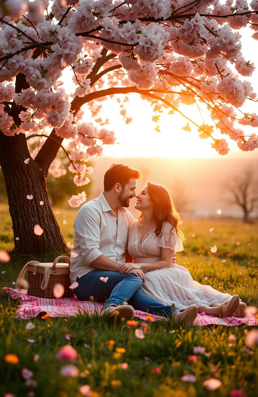 A romantic scene depicting a couple in love amidst a beautiful, serene landscape