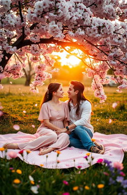 A romantic scene depicting a couple in love amidst a beautiful, serene landscape