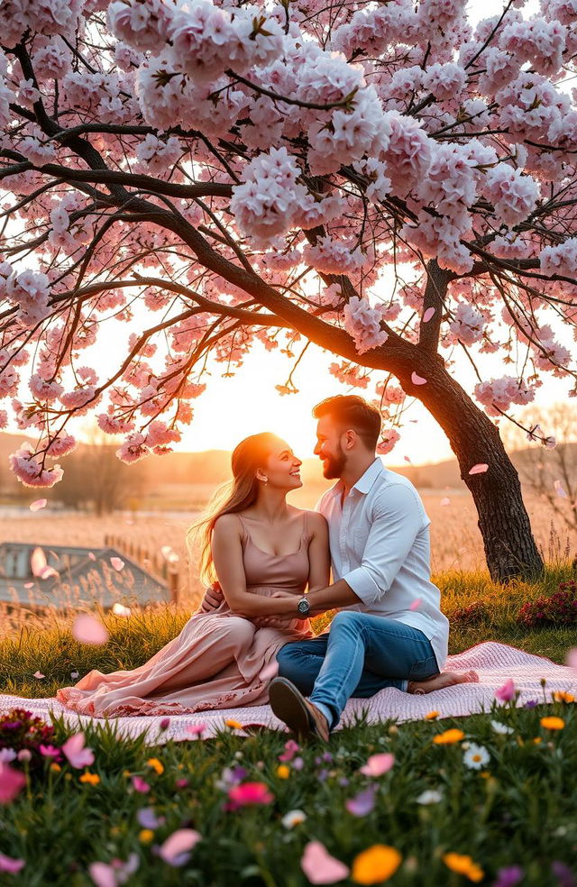 A romantic scene depicting a couple in love amidst a beautiful, serene landscape