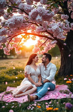 A romantic scene depicting a couple in love amidst a beautiful, serene landscape