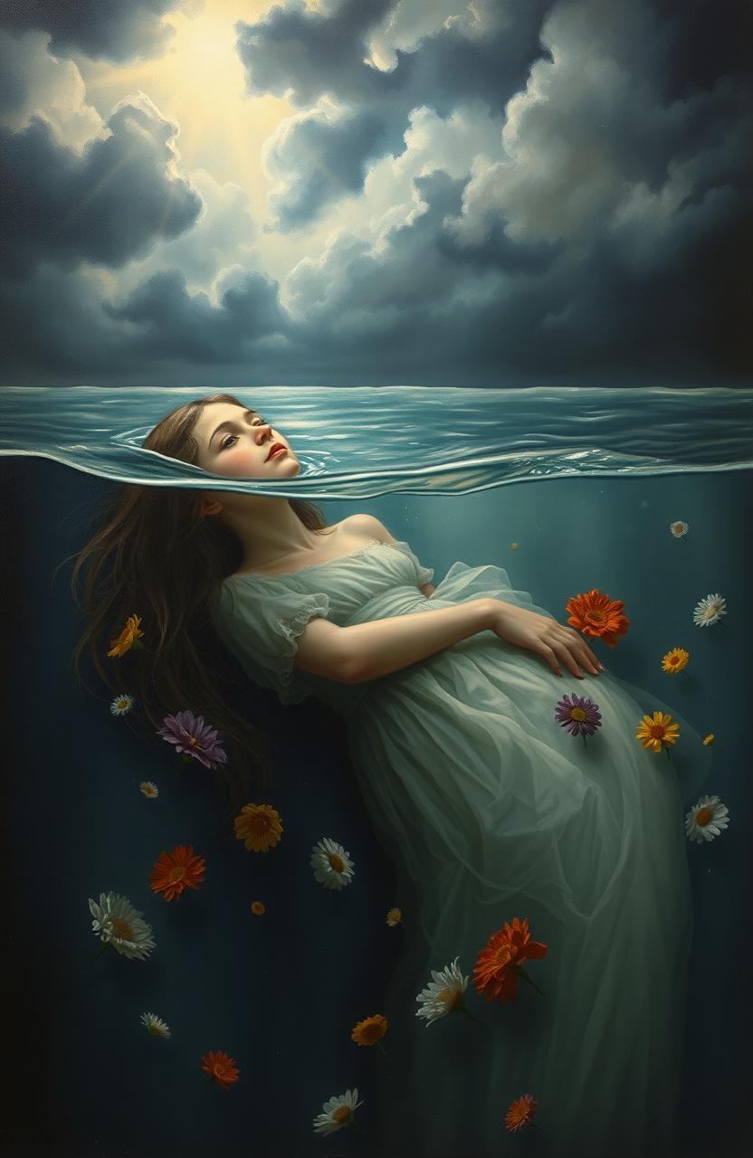 An old painting depicting a tragic scene of a girl who has been betrayed by her loved one, sinking deep into the water