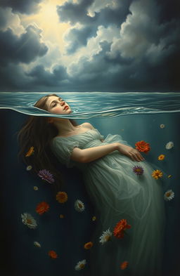 An old painting depicting a tragic scene of a girl who has been betrayed by her loved one, sinking deep into the water