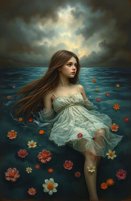 An old painting depicting a tragic scene of a girl who has been betrayed by her loved one, sinking deep into the water