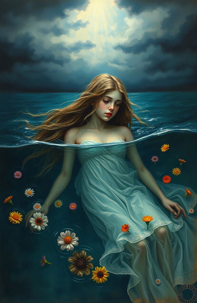 An old painting depicting a tragic scene of a girl who has been betrayed by her loved one, sinking deep into the water