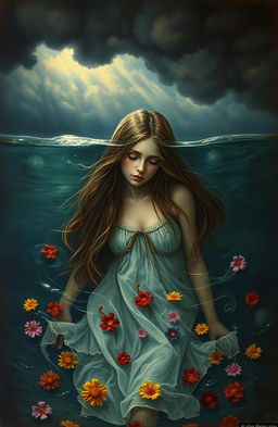 An old painting depicting a tragic scene of a girl who has been betrayed by her loved one, sinking deep into the water
