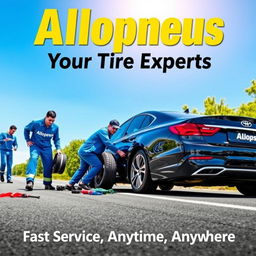 A vibrant advertising poster for Allopneus, showcasing a dynamic scene of workers from the company changing the tires of a car on the side of a road