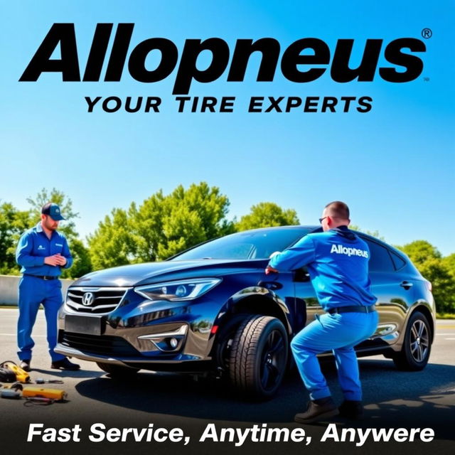 A vibrant advertising poster for Allopneus, showcasing a dynamic scene of workers from the company changing the tires of a car on the side of a road