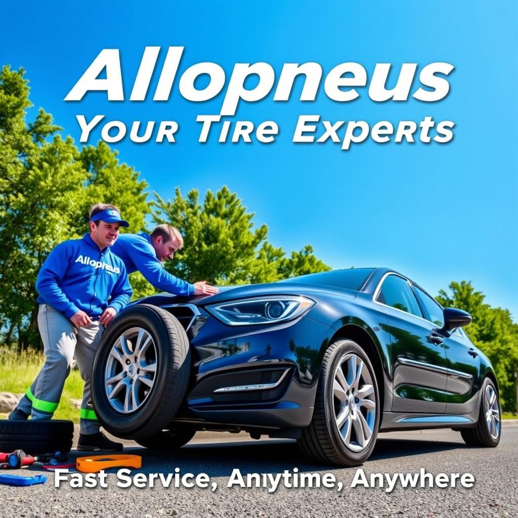 A vibrant advertising poster for Allopneus, showcasing a dynamic scene of workers from the company changing the tires of a car on the side of a road