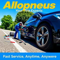 A vibrant advertising poster for Allopneus, showcasing a dynamic scene of workers from the company changing the tires of a car on the side of a road