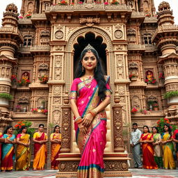 A towering fully decorated palace built of intricately carved stone, adorned with long flowing curtains and vibrant flower plants, featuring antique idols and beautifully engraved pillars