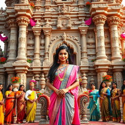 A towering fully decorated palace built of intricately carved stone, adorned with long flowing curtains and vibrant flower plants, featuring antique idols and beautifully engraved pillars
