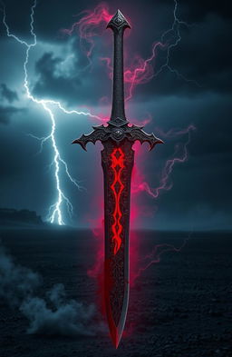 A demonic sword that has been reborn, featuring intricate, dark engravings and a glowing red blade