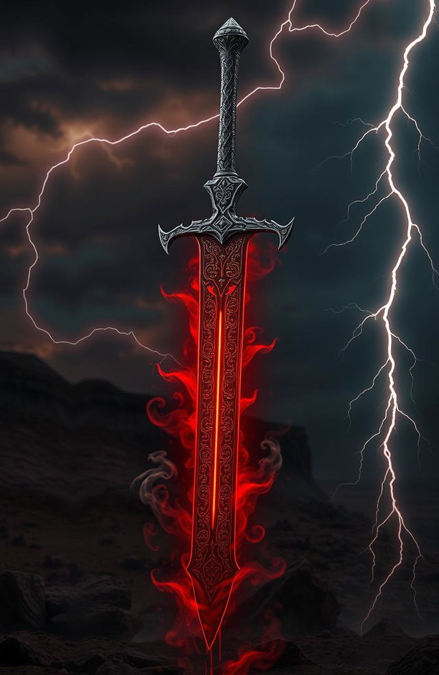 A demonic sword that has been reborn, featuring intricate, dark engravings and a glowing red blade