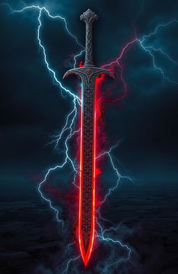 A demonic sword that has been reborn, featuring intricate, dark engravings and a glowing red blade