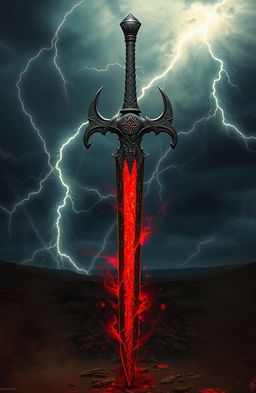 A demonic sword that has been reborn, featuring intricate, dark engravings and a glowing red blade