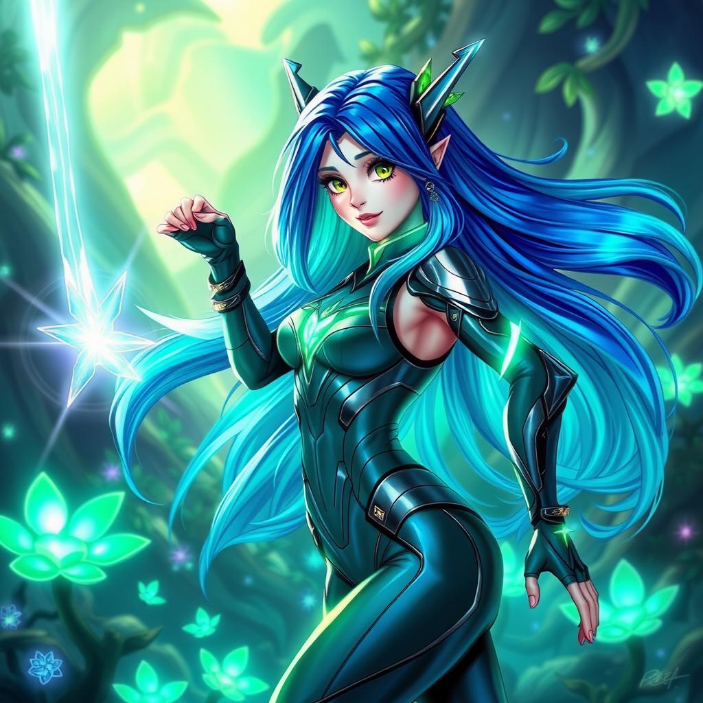 Aleta, a vibrant and dynamic original character (OC), featuring long flowing hair that transitions from deep blue to bright turquoise, with striking green eyes
