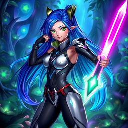 Aleta, a vibrant and dynamic original character (OC), featuring long flowing hair that transitions from deep blue to bright turquoise, with striking green eyes