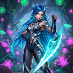 Aleta, a vibrant and dynamic original character (OC), featuring long flowing hair that transitions from deep blue to bright turquoise, with striking green eyes