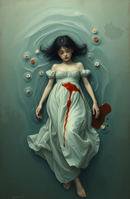 A tragic scene depicting a girl fully submerged in water, representing betrayal and sorrow
