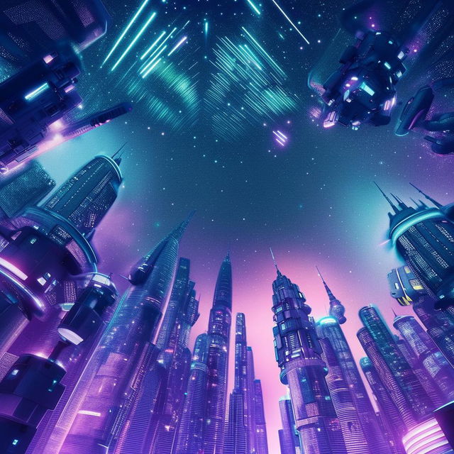 A futuristic cityscape with skyscrapers glowing in neon lights, flying drones, and advanced vehicles navigating between them against the backdrop of a starry night sky.