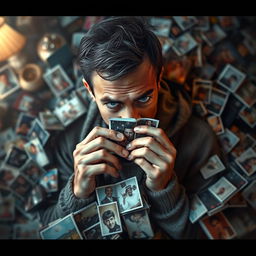 An intriguing and artistic depiction of obsession, illustrating a person surrounded by countless photographs and memorabilia of their fixation