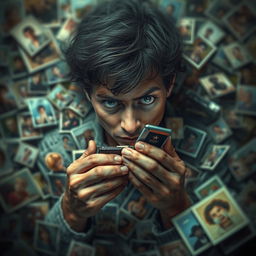 An intriguing and artistic depiction of obsession, illustrating a person surrounded by countless photographs and memorabilia of their fixation