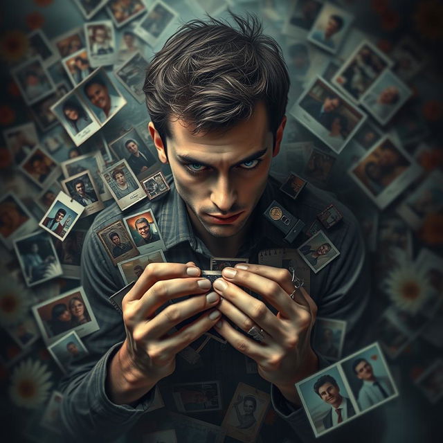 An intriguing and artistic depiction of obsession, illustrating a person surrounded by countless photographs and memorabilia of their fixation