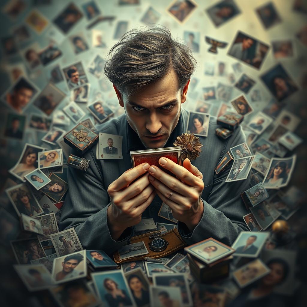 An intriguing and artistic depiction of obsession, illustrating a person surrounded by countless photographs and memorabilia of their fixation