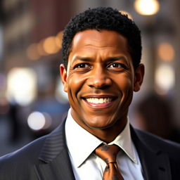 A striking portrait of Denzel Washington, showcasing his charismatic smile and confident demeanor