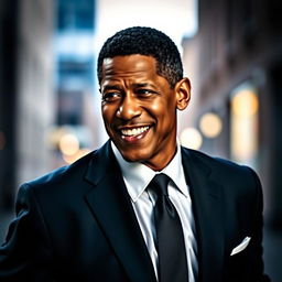 A striking portrait of Denzel Washington, showcasing his charismatic smile and confident demeanor