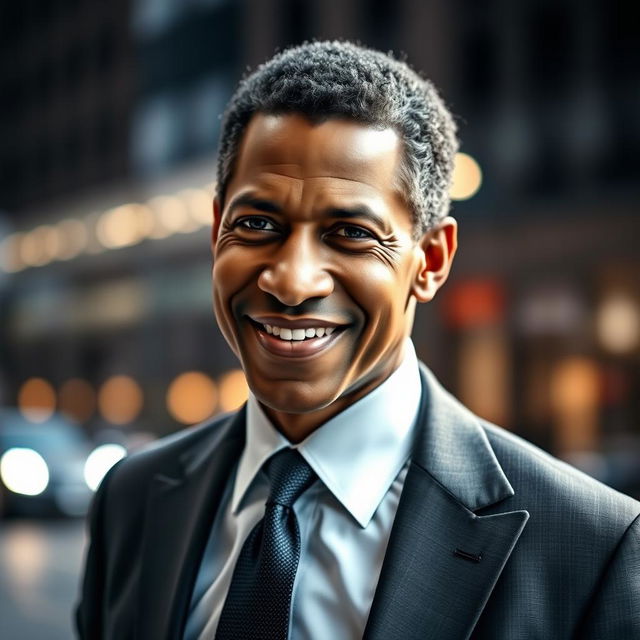 A striking portrait of Denzel Washington, showcasing his charismatic smile and confident demeanor