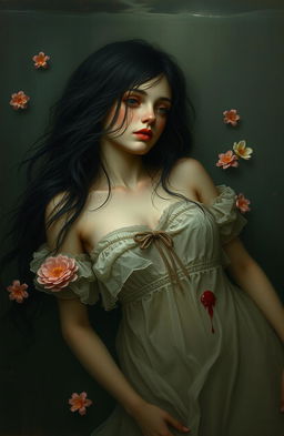 A poignant old painting depicting a 25-year-old girl with long, flowing black hair that has an angelic quality