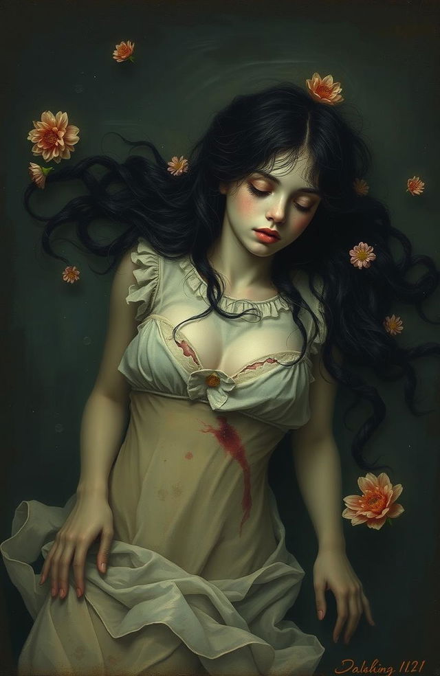 A poignant old painting depicting a 25-year-old girl with long, flowing black hair that has an angelic quality