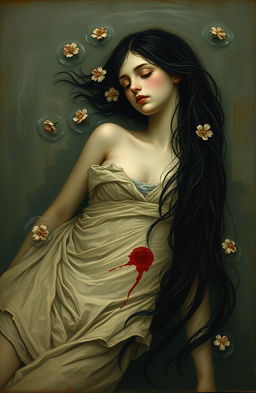 A poignant old painting depicting a 25-year-old girl with long, flowing black hair that has an angelic quality