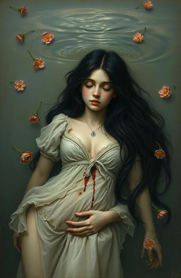 A poignant old painting depicting a 25-year-old girl with long, flowing black hair that has an angelic quality